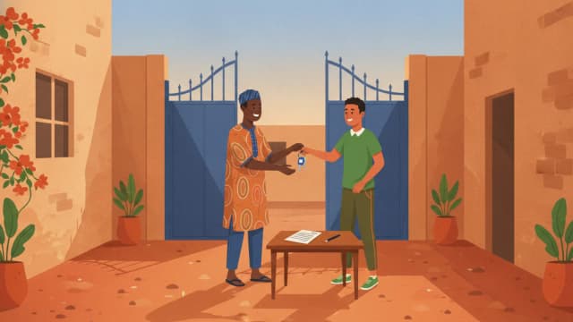 Dans la cour d'une maison, un propriétaire remet les clés à son locataire, un contrat posé sur la table.