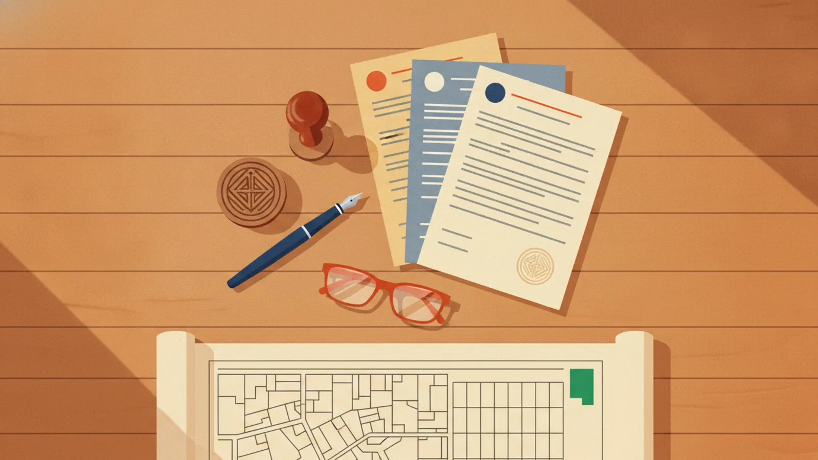 Trois documents officiels, un tampon, un stylo et un plan cadastral sur un bureau en bois.