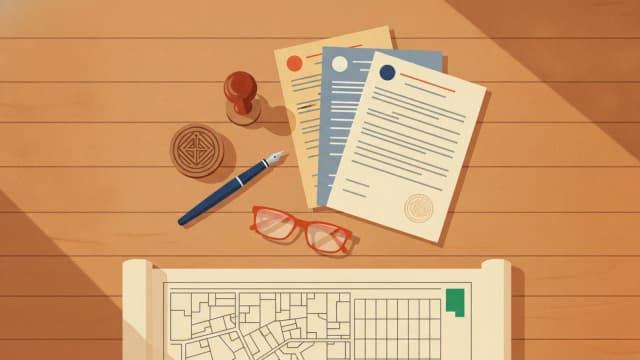 Trois documents officiels, un tampon, un stylo et un plan cadastral sur un bureau en bois.